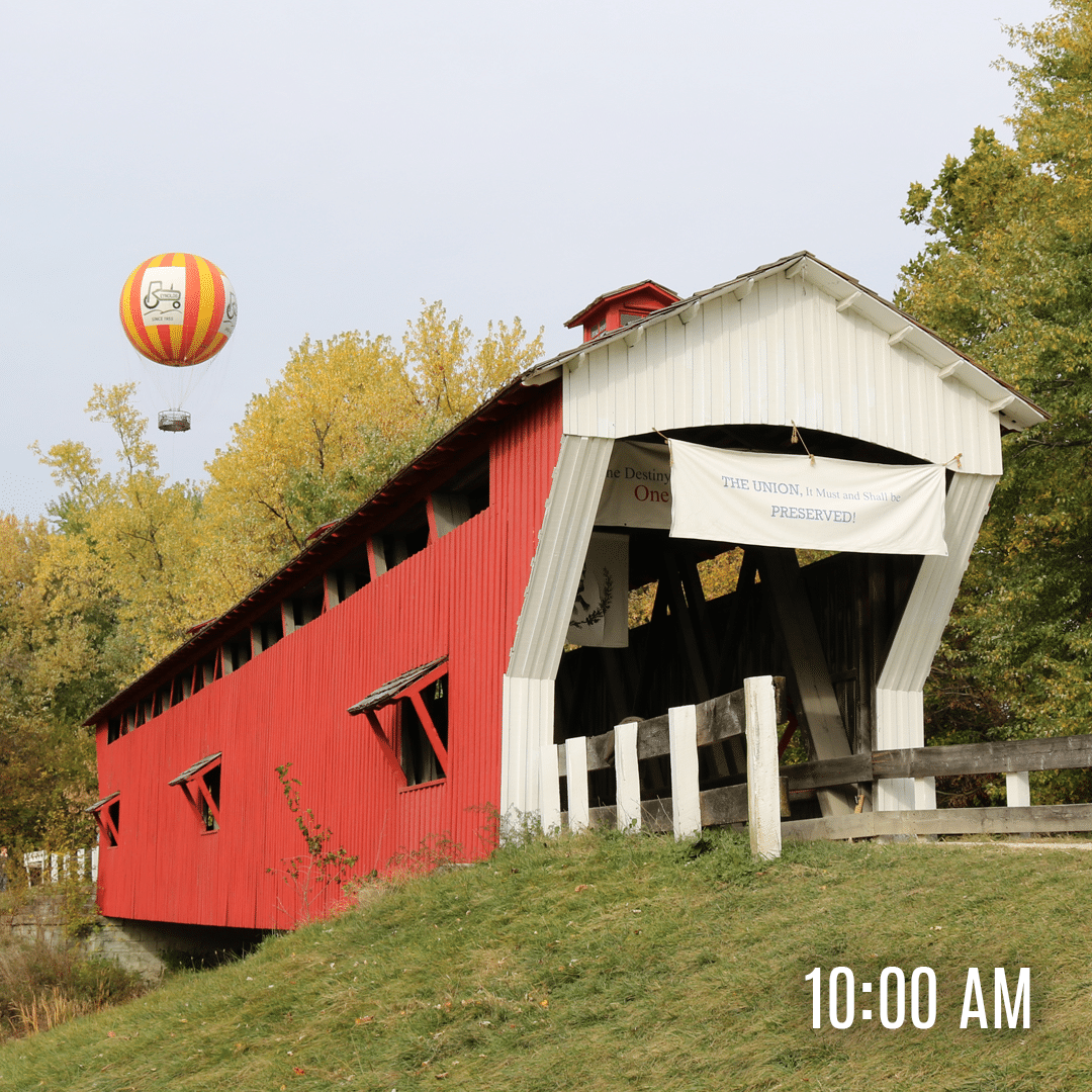 Conner Prairie's covered bridge, with the balloon in background