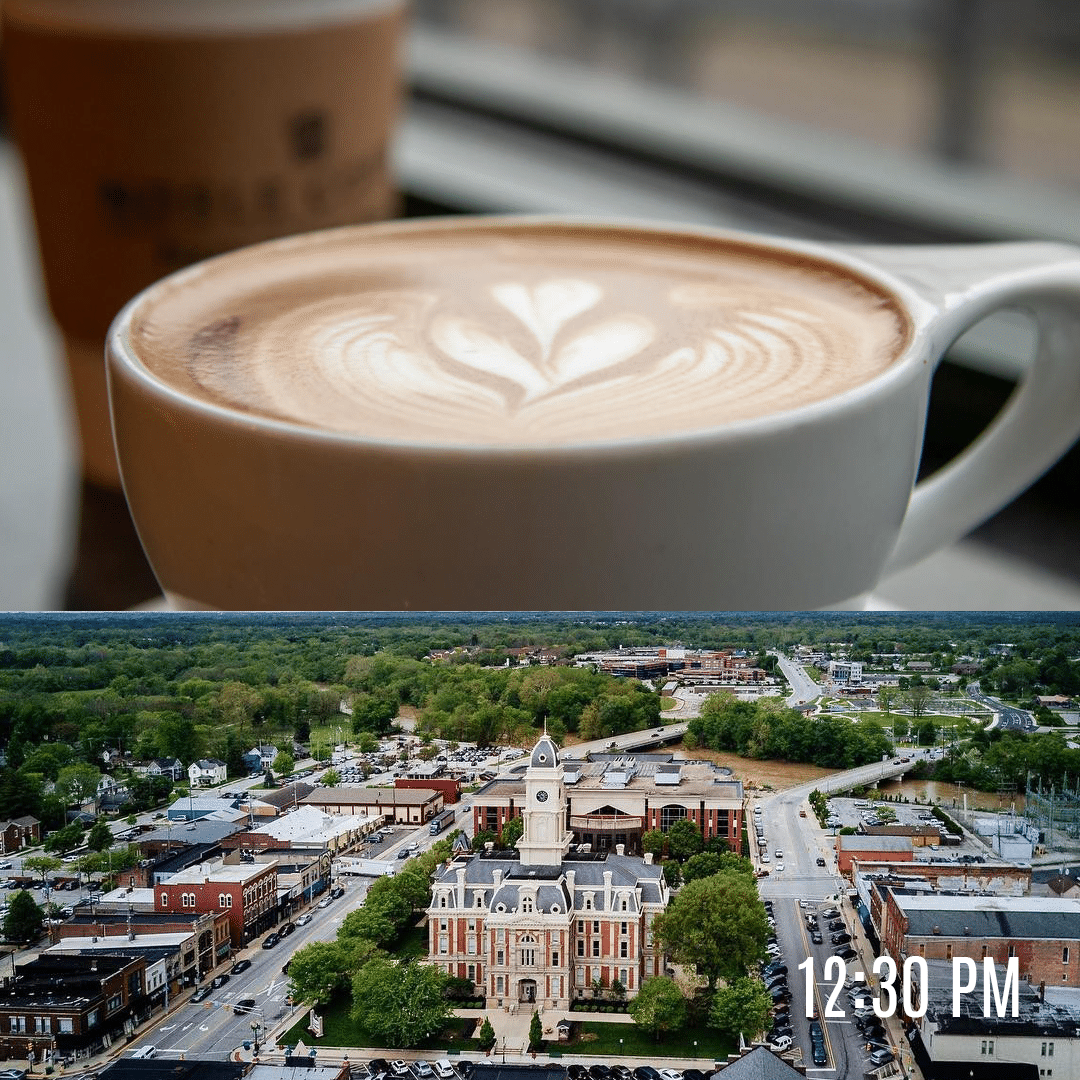 Coffee art and arial shot of downtown Noblesville