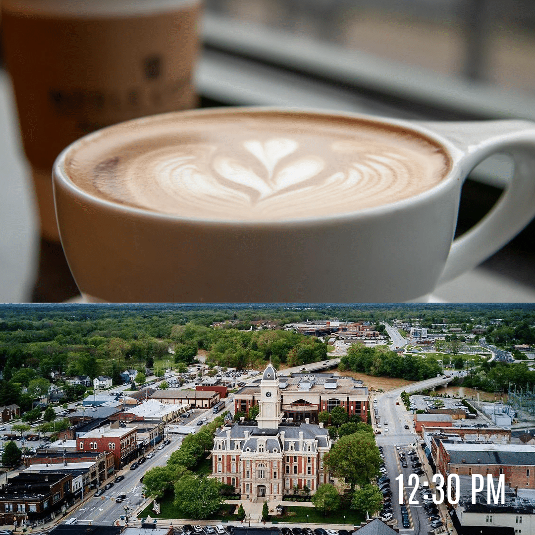 Coffee art and arial shot of downtown Noblesville 