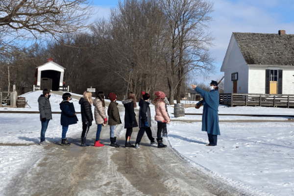 Students drill with a Civil War soldier