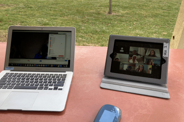 Technology set-up to Zoom with students from Conner Prairie.  
