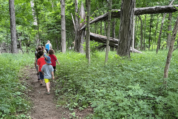 Preschool on the Prairie class exploring the Conner Prairie grounds