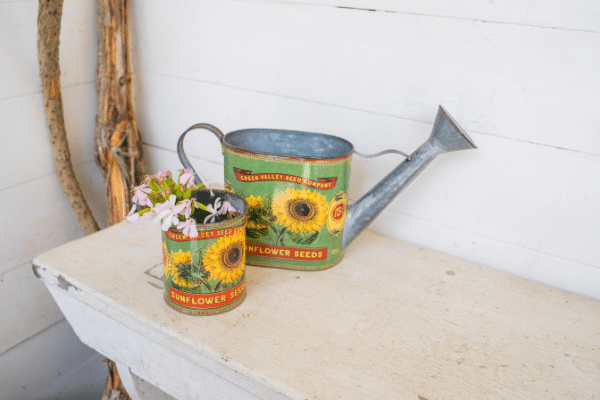 Vintage Inspired Tin And Watering Can With Sunflower Design