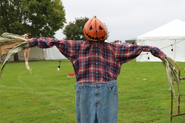 Scarecrow with jack o lantern face dress in flannel shirt and blue jeans