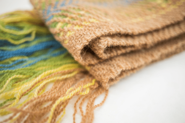 Yellow, blue and green patterned scarf