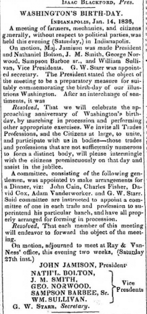 Washington's Birthday announcement in the Indiana Journal.