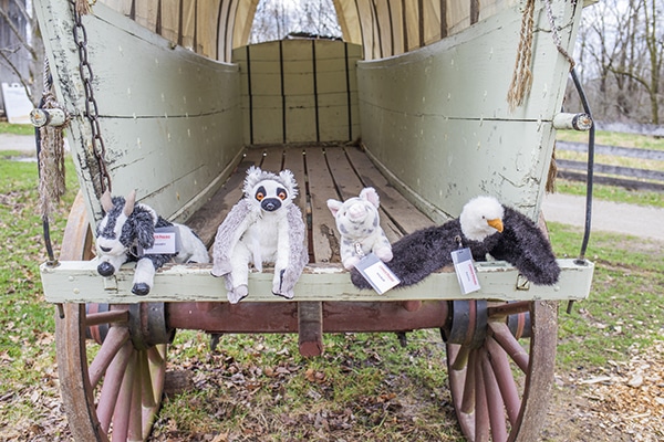 Stuffed animals on wagon