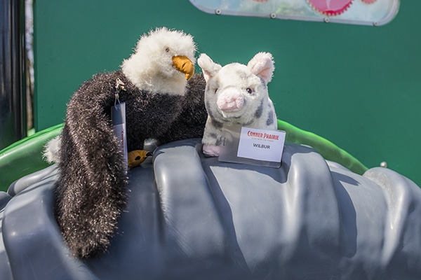 Stuffed animals on tire