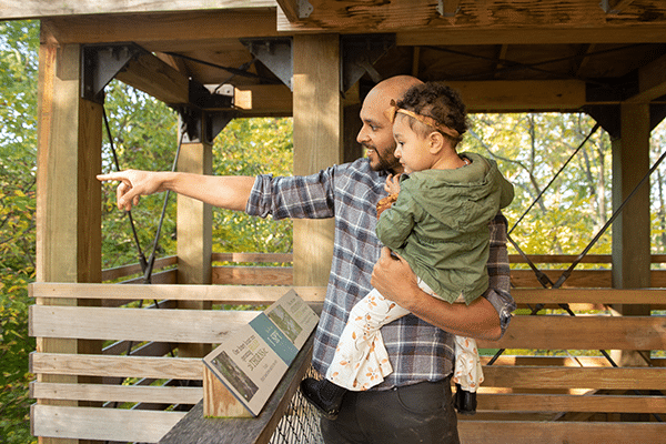 Parent and child at treetop outpost
