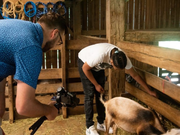 Child interacting with Goat