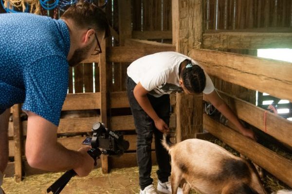 Child interacting with Goat