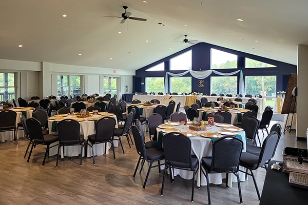 tables set up inside of a building