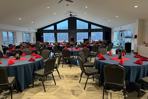 Tables set up inside of a building
