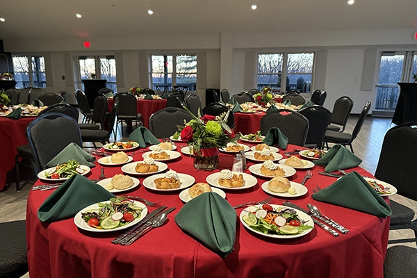 red table with food on it