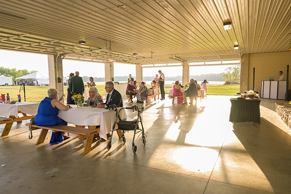 group of people sitting at picnic tables
