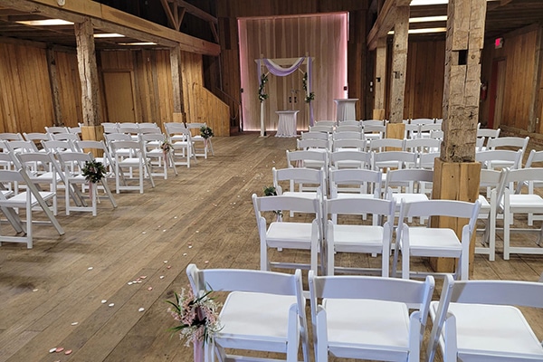 chairs set up in a wooden building