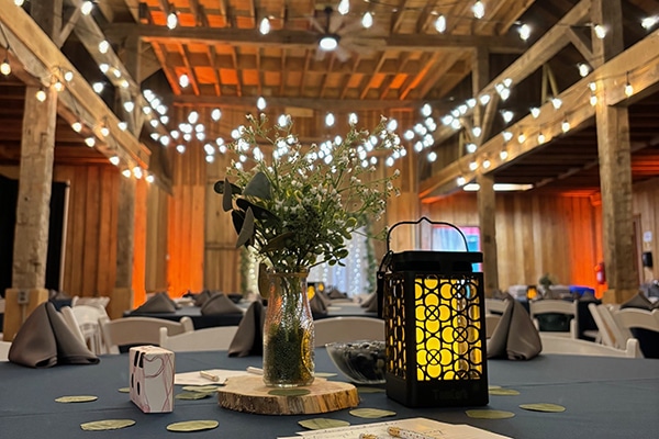 table setting with flowers and string lights