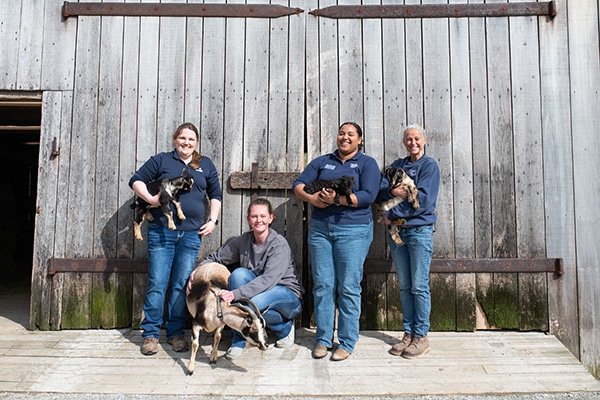 Four of our Agriculture staff holding and standing with our heritage breed goats.